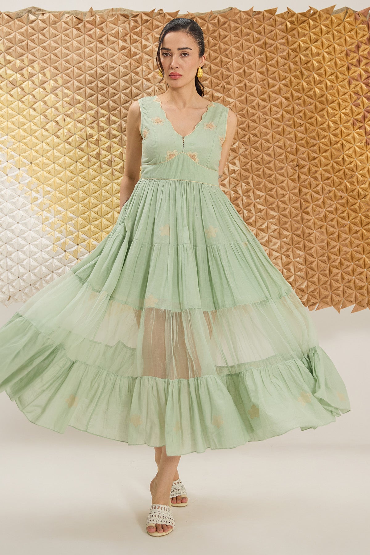 Buy Sage Green Floral Tiered Dress by The Loom Art for women online at ScrollnShops